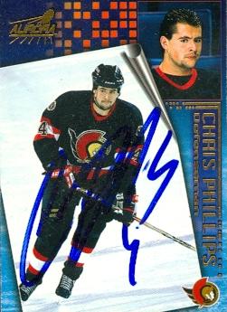 66456 Chris Phillips Autographed Hockey Card Ottawa Senators 1996 Pacific Aurora No. 132