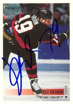 66457 Alexei Yashin Autographed Hockey Card Ottawa Senators 1995 Topps Premier No. 365