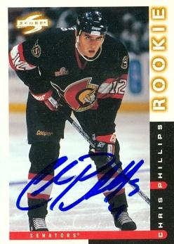 66461 Chris Phillips Autographed Hockey Card Ottawa Senators 1997 Score Rookie No. 71