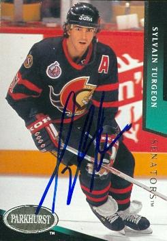 66477 Sylvain Turgeon Autographed Hockey Card Ottawa Senators 1993 Parkhurst No. 136