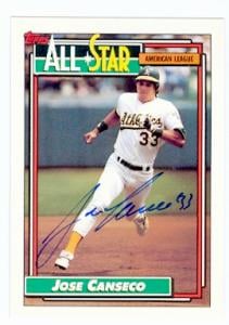 66571 Jose Canseco Autographed Baseball Card Oakland Athletics 1992 Topps No. 401 All Star