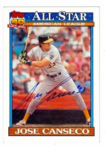 66573 Jose Canseco Autographed Baseball Card Oakland Athletics 1991 Topps No. 390