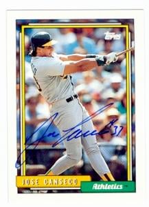 66574 Jose Canseco Autographed Baseball Card Oakland Athletics 1992 Topps No. 100