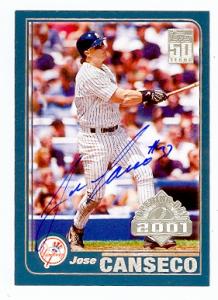 66581 Jose Canseco Autographed Baseball Card New York Yankees 2001 Topps No. 104 Opening Day