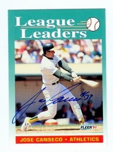 66586 Jose Canseco Autographed Baseball Card Oakland Athletics 1992 Fleer No. 688