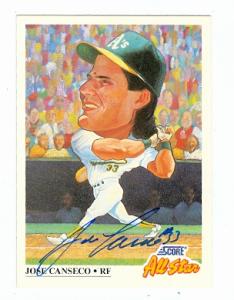 66593 Jose Canseco Autographed Baseball Card Oakland Athletics 1991 Score No. 398 All Star Team