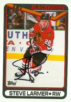 66637 Steve Larmer Autographed Hockey Card Chicago Blackhawks 1990 Topps No. 56