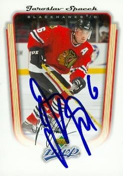 66808 Jaroslav Spacek Autographed Hockey Card Chicago Blackhawks 2005 Upper Deck Mvp No. 93