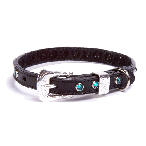 092145348628 Toy Black Leather Collar, Teal Crystal Xsmall 8-10 In., 0.37 In. Width