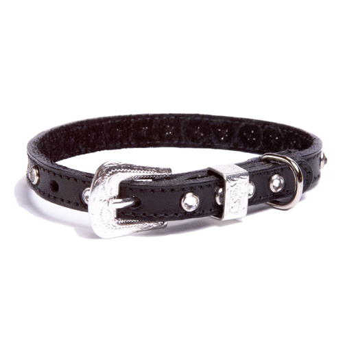 092145348666 Toy Black Leather Collar, Clear Crystal Xsmall 8-10 In., 0.37 In. Width