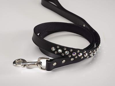 092145348703 Leash, Black Leather, Clear Crystal 4 Ft., 0.75 In. Width