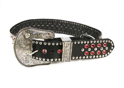 082045091144 Black Leather Collar, Red Crystal Med 19-22 In., 1.5 In. Width