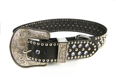 082045091175 Black Leather Collar, Lt. Blue Crystal Small 15-18 In., 1.5 In. Width