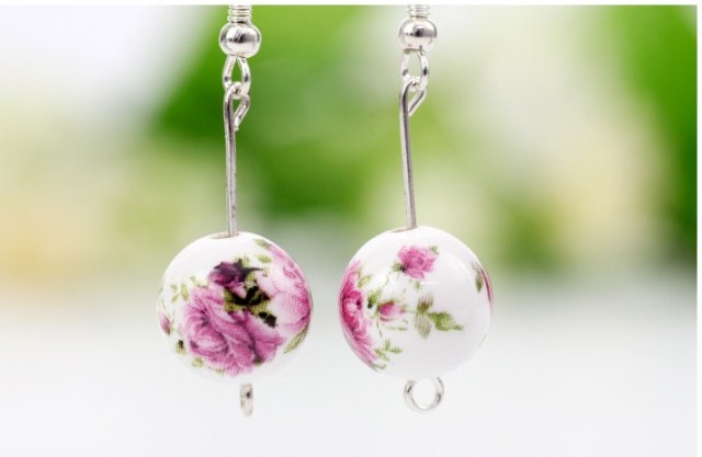 E0002 Pink Flower Porcelain Earrings