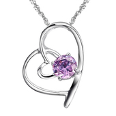 N0021 Double Heart Necklace With Light Indigo Crystal Pendant