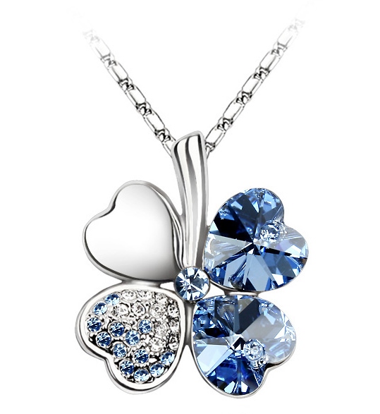N0029 Lucky Clover Necklace With Blue Crystal