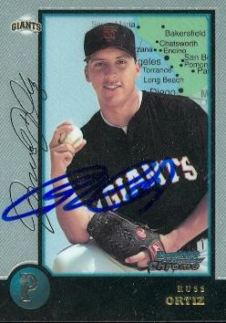 77048 Russ Ortiz Autographed Baseball Card San Francisco Giants 1998 Bowman Chrome No .100