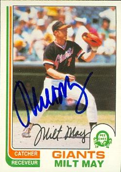 77068 Milt May Autographed Baseball Card San Francisco Giants 1982 O-Pee-Chee No .242