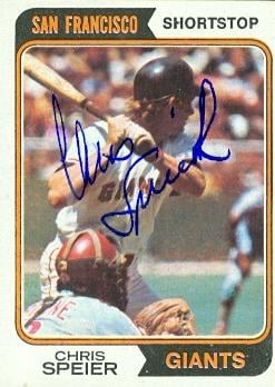 77225 Chris Speier Autographed Baseball Card San Francisco Giants 1974 Topps No .129