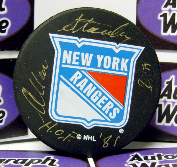 86334 Allan Stanley Autographed Hockey Puck New York Rangers Inscribed Hof 81