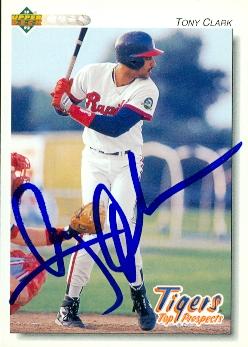 88703 Tony Clark Autographed Baseball Card Detroit Tigers 1992 Upper Deck Top Prospects Rookie No. 182