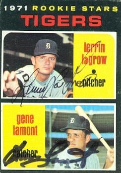 88878 Lerrin Lagrow and Gene Lamont Autographed Baseball Card Detroit Tigers 1971 Topps No. 39