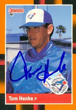 103282 Tom Henke Autographed Baseball Card Toronto Blue Jays 1988 Donruss No. 104