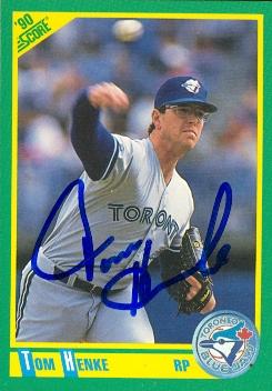 103288 Tom Henke Autographed Baseball Card Toronto Blue Jays 1990 Score No. 157