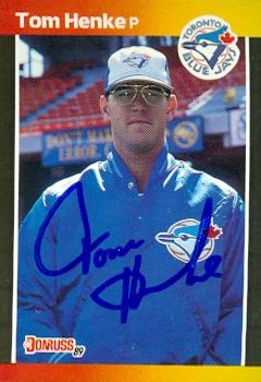 103305 Tom Henke Autographed Baseball Card Toronto Blue Jays 1989 Donruss No. 385