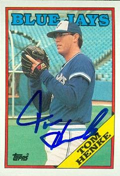 103311 Tom Henke Autographed Baseball Card Toronto Blue Jays 1988 Topps No. 220