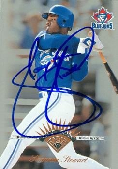 104157 Shannon Stewart Autographed Baseball Card Toronto Blue Jays 1997 Leaf Rookie No. 175