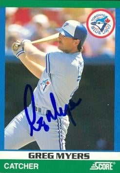 104170 Greg Myers Autographed Baseball Card Toronto Blue Jays 1991 Score Rising Star No. 75