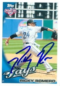 104184 Ricky Romero Autographed Baseball Card Toronto Blue Jays 2010 Topps Opening Day No. 102 Rookie Year