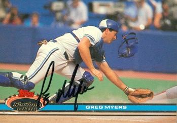 104191 Greg Myers Autographed Baseball Card Toronto Blue Jays 1991 Topps Stadium Club No. 289