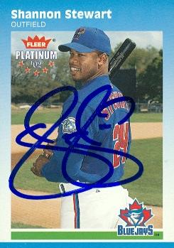 104196 Shannon Stewart Autographed Baseball Card Toronto Blue Jays 2002 Fleer Platinum No. 174