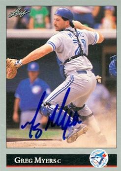 104202 Greg Myers Autographed Baseball Card Toronto Blue Jays 1992 Leaf No. 192