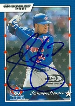 104216 Shannon Stewart Autographed Baseball Card Toronto Blue Jays 2001 Donruss No. 136