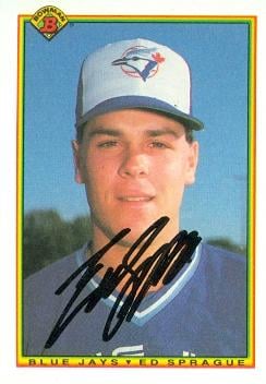 104219 Ed Sprague Autographed Baseball Card Toronto Blue Jays 1990 Bowman No. 511 Rookie