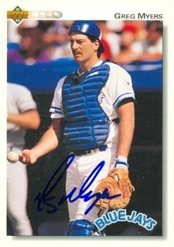 104222 Greg Myers Autographed Baseball Card Toronto Blue Jays 1992 Upper Deck No. 407