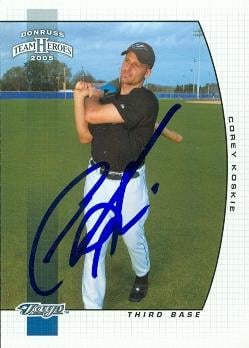 104224 Corey Koskie Autographed Baseball Card Toronto Blue Jays 2005 Donruss Team Heroes No. 391