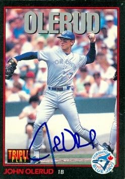 104227 John Olerud Autographed Baseball Card Toronto Blue Jays 1993 Leaf Triple Play No. 222