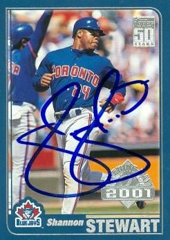 104240 Shannon Stewart Autographed Baseball Card Toronto Blue Jays 2001 Topps Opening Day No. 19
