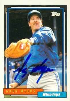 104258 Greg Myers Autographed Baseball Card Toronto Blue Jays 1992 Topps No. 203