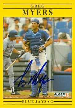 104273 Greg Myers Autographed Baseball Card Toronto Blue Jays 1991 Fleer No. 182