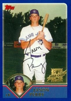 104340 Jason Perry Autographed Baseball Card Toronto Blue Jays 2002 Topps 1St Year Card No. 305 Rookie