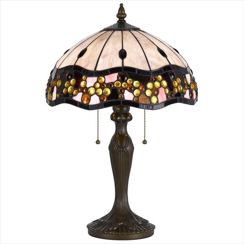 Bo-2375tb 60 W X 2 Tiffany Table Lamp, Zinc Cast Base, Antique Brass With Floral Design