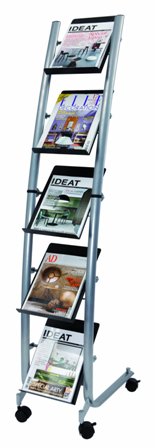 Dd5pm Black A4 Portrait Mobile Literature Display On Wheels With 5 Shelves