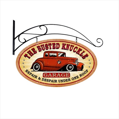 Bust036 Busted Knuckle Garage Automotive Double Sided Oval Metal Sign With Wall Mount