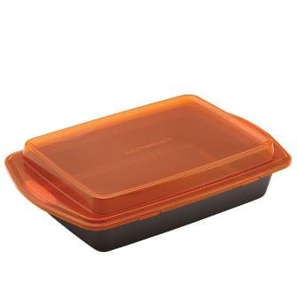 57994 Nonstick Bakeware Covered With Orange Lid And Handles Gray Cake Pan