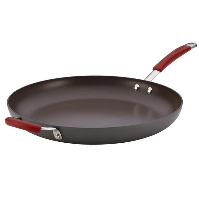 87631 Cucina Hard-anodized Nonstick 14 In. Skillet With Helper Handle, Gray With Cranberry Red Handles